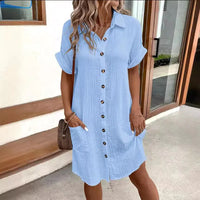 Summer Short Sleeve Solid Color Shirt Dress