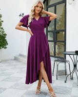 Long Black Formal Dresses for Women Gowns Evening Party Cocktail Dress,Split Elegant V Neck Wrap Ruffle Wedding Guest Dresses Large Purple