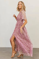 Pink Embossed Wrap V Neck Maxi Dress