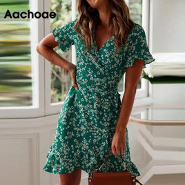 Aachoae Women's 2021 Summer V-Neck Floral Print Mini Dress