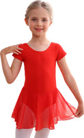 MdnMd Toddler Ballet Leotards for Girls Dance Leotards with Skirt Gymnastic Ballerina Outfit Dress Classic Short Sleeve Red 8-10 Years