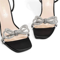 DREAM PAIRS Women's Double Bowknots Crystal Sandals Clear Slingback Heels Square Toe Shoes for Party Wedding 6.5 Black