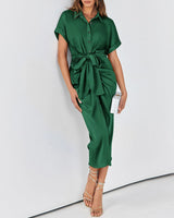 BTFBM 2024 Women Button Down Ruched Shirt Dresses Short Sleeve Lapel V Neck Elegant Party Spring Summer Maxi Satin Dress Large Short Sleeve Deep Green