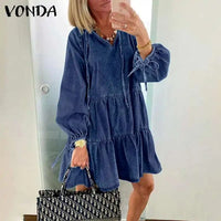 VONDA 2021 Autumn Women's Ruffled Denim Mini Dress