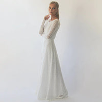 BLUSHFASHION - Original Long Sleeves Boat Neckline Modest Wedding Dress With Floral Sash Belt  #1296