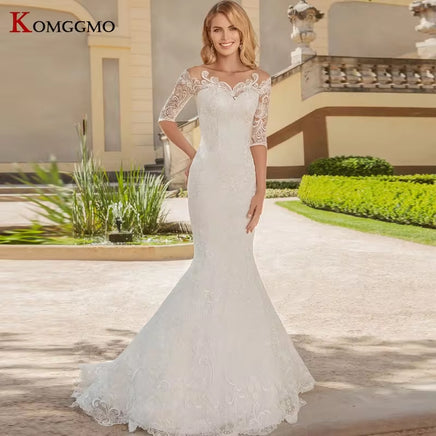 Illusion O-Neck Full Sleeve Mermaid Wedding Dress Luxury Detachable Train Embroidery Appliques Tulle Button Back Bridal Gown