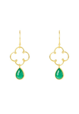 Open Clover Gemstone Drop Earrings Gold Green Onyx