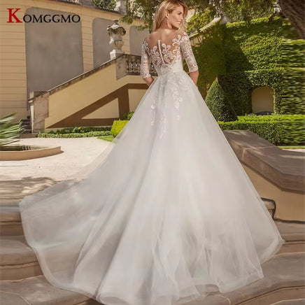 Illusion O-Neck Full Sleeve Mermaid Wedding Dress Luxury Detachable Train Embroidery Appliques Tulle Button Back Bridal Gown