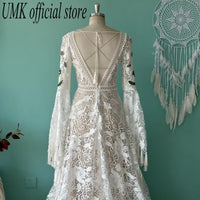 Vintage Tassel Bohemia Wedding Dress Lace Flared Sleeves Unique Boho V Neck Backless Front Split Beach Bridal Gowns