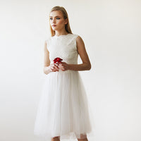 BLUSHFASHION - Original Short Wedding Dress ,Ivory Lace & Tulle Sleeveless Midi Dress #1159