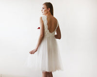 BLUSHFASHION - Original Short Wedding Dress ,Ivory Lace & Tulle Sleeveless Midi Dress #1159