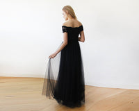 BLUSHFASHION - Original Black Lace Off-The-Shoulder Tulle Maxi Dress #1139