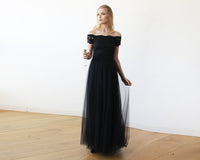 BLUSHFASHION - Original Black Lace Off-The-Shoulder Tulle Maxi Dress #1139