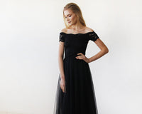 BLUSHFASHION - Original Black Lace Off-The-Shoulder Tulle Maxi Dress #1139