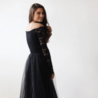 BLUSHFASHION - Original Black Off-The-Shoulder Lace and Tulle Maxi Dress #1134