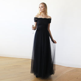 BLUSHFASHION - Original Black Lace Off-The-Shoulder Tulle Maxi Dress #1139