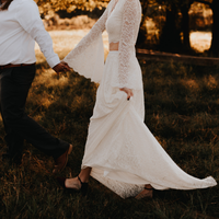 BLUSHFASHION - Original Ivory Wedding Dress Separates, Long Bell Sleeves Top & Maxi Train Lace Skirt #1377