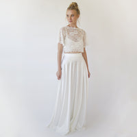 BLUSHFASHION - Original Wedding Dress Separates, Silky Wedding Maxi Skirt and Lace Cropped Top #1353