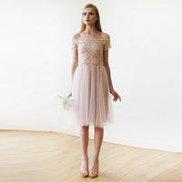 BLUSHFASHION - Original Short Wedding Dress ,Off-The-Shoulders Blush Pink Tulle & Lace Midi  Dress  #1153