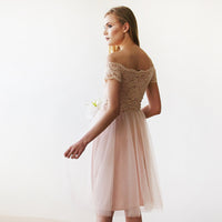 BLUSHFASHION - Original Short Wedding Dress ,Off-The-Shoulders Blush Pink Tulle & Lace Midi  Dress  #1153