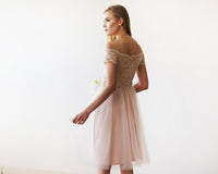 BLUSHFASHION - Original Short Wedding Dress ,Off-The-Shoulders Blush Pink Tulle & Lace Midi  Dress  #1153