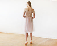 BLUSHFASHION - Original Short Wedding Dress ,Off-The-Shoulders Blush Pink Tulle & Lace Midi  Dress  #1153