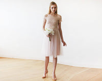 BLUSHFASHION - Original Short Wedding Dress ,Off-The-Shoulders Blush Pink Tulle & Lace Midi  Dress  #1153