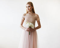 BLUSHFASHION - Original Short Wedding Dress ,Off-The-Shoulders Blush Pink Tulle & Lace Midi  Dress  #1153