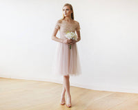 BLUSHFASHION - Original Short Wedding Dress ,Off-The-Shoulders Blush Pink Tulle & Lace Midi  Dress  #1153