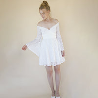 BLUSHFASHION - Original Short Wedding Dress, Off the Shoulder Mini Length Wedding Dress With Bell Sleeves  #1370