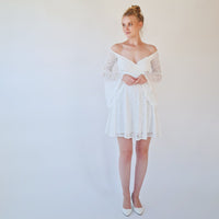 BLUSHFASHION - Original Short Wedding Dress, Off the Shoulder Mini Length Wedding Dress With Bell Sleeves  #1370