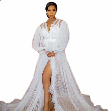 White Illusion Ruffles Tulle Long Sleeve Bridal Winter Sexy Kimono Pregnant Party Sleepwear Women Bathrobe Sheer Nightgown Robe