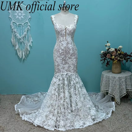 Luxury Llucinations Lace Mermaid Wedding Dress Sexy Boho Spaghetti Straps V Neck Bridal Gowns