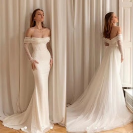 Luxury Beading Sequined Mermaid Wedding Dress 2023 Sexy off the Shoulder Long Sleeve Detachable Train Vestido De Noiva