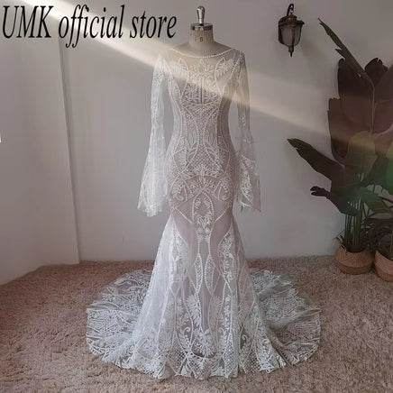 Vintage Boho Mermaid Wedding Dress Chic Lace Flare Sleeve Bridal Gowns Sexy Open Back Vestido De Noiva