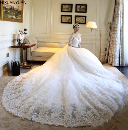 Luxury Lace Cathedral Train Ball Gown Wedding Dresses with Sleeves 2023 Kaftan Dubai Arabic off Shoulder Princess Wedding Gowns