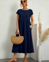 Solid Color Sleeveless Cotton-Linen Pocket Dress