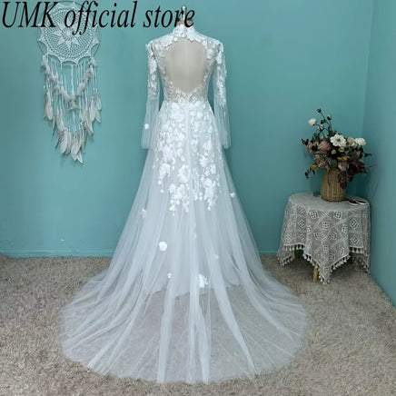 Vintage High Neck Long Sleeve Wedding Dress 2025 Boho See through 3D Lace Open Back a Line Bridal Gowns