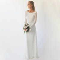 BLUSHFASHION - Original Long Sleeves Boat Neckline Modest Wedding Dress With Floral Sash Belt  #1296