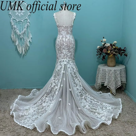 Luxury Llucinations Lace Mermaid Wedding Dress Sexy Boho Spaghetti Straps V Neck Bridal Gowns