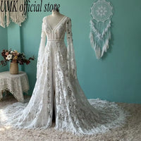 Vintage Tassel Bohemia Wedding Dress Lace Flared Sleeves Unique Boho V Neck Backless Front Split Beach Bridal Gowns