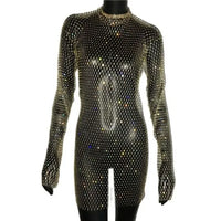 Bling Rhinestones Fishnet Mini Dress