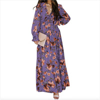 Printed Long Sleeve Dress Women's V-neck Loose