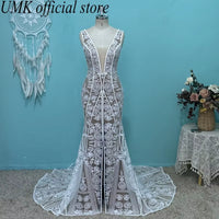 Vintage Mermaid Lace Boho Wedding Dress Sexy V Neck Open Back Front Split Detachable Sleeves Wedding Gowns