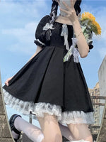 Lace Black Puff Sleeve Short Dress