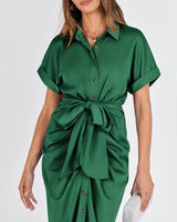 BTFBM 2024 Women Button Down Ruched Shirt Dresses Short Sleeve Lapel V Neck Elegant Party Spring Summer Maxi Satin Dress Large Short Sleeve Deep Green