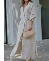 Elegant Tied Solid Color Waisted Long-sleeved Dress