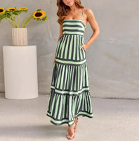 Striped Summer Maxi Dress with Pockets – Backless Beach Style