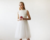 BLUSHFASHION - Original Short Wedding Dress ,Ivory Lace & Tulle Sleeveless Midi Dress #1159