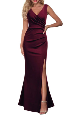 WOOSEA Women Sleeveless V Neck Split Evening Cocktail Long Dress Small Burgundy